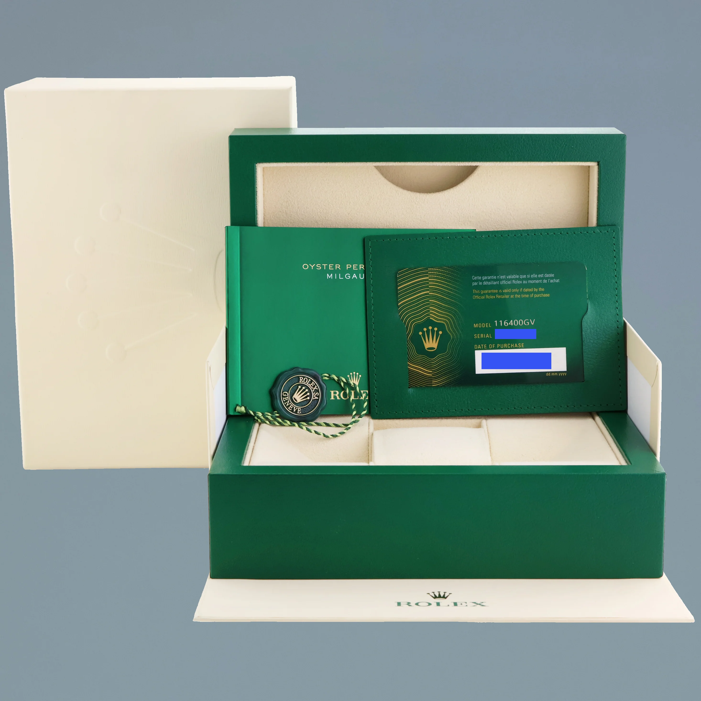 2021 NEW PAPERS Rolex Milgauss Blue Anniversary Green 116400GV Steel Watch Box - Image 7