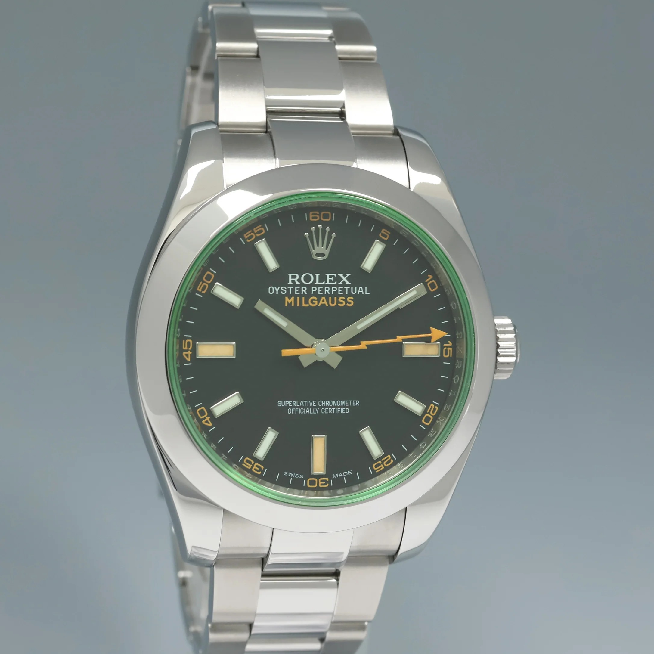 2026 MINT RSC PAPERS Rolex Milgauss Green Anniversary Orange Black 116400GV Steel Watch Box - Image 3