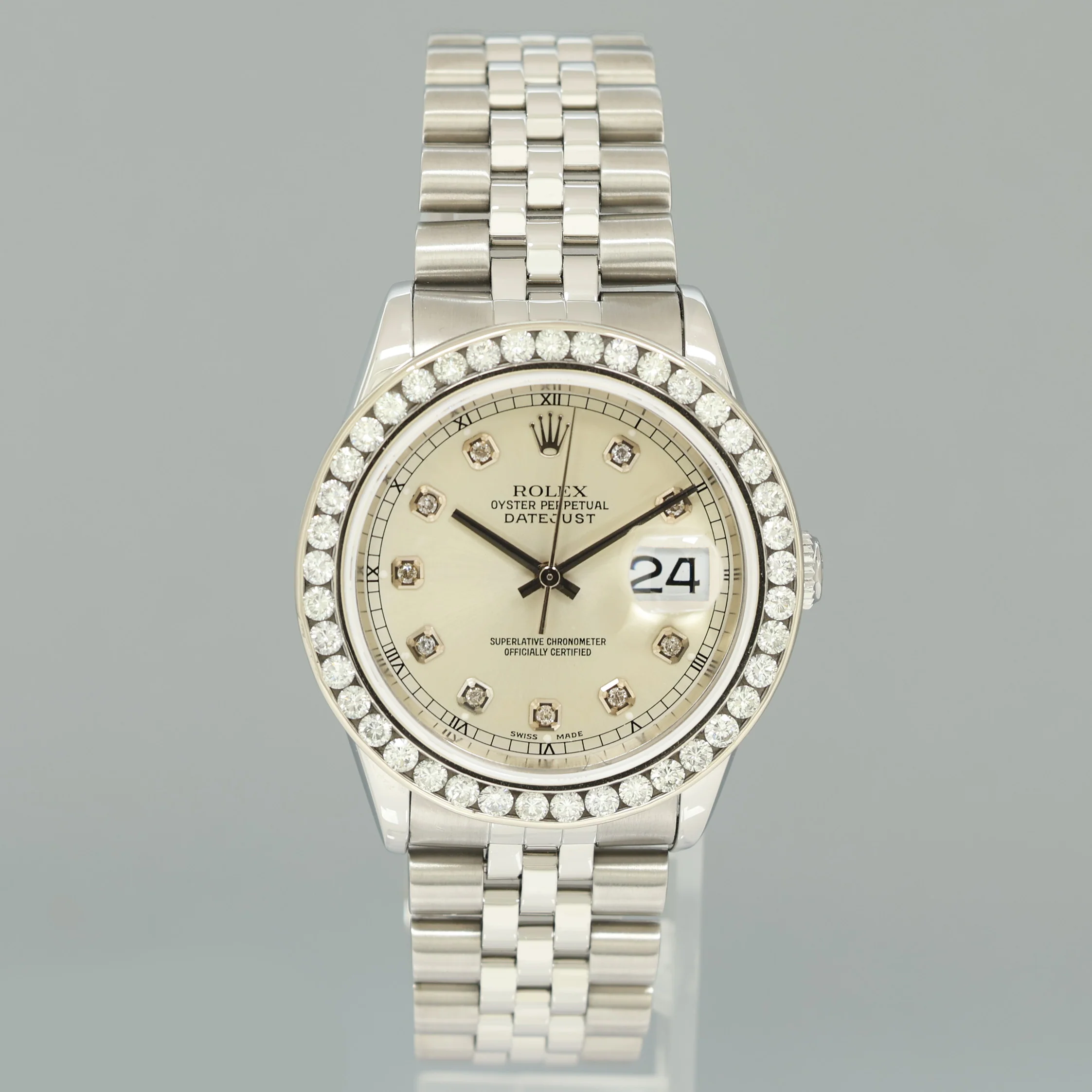DIAMOND Bezel Rolex DateJust 36mm Silver Diamond 16200 Jubilee Steel Watch Box - Image 2