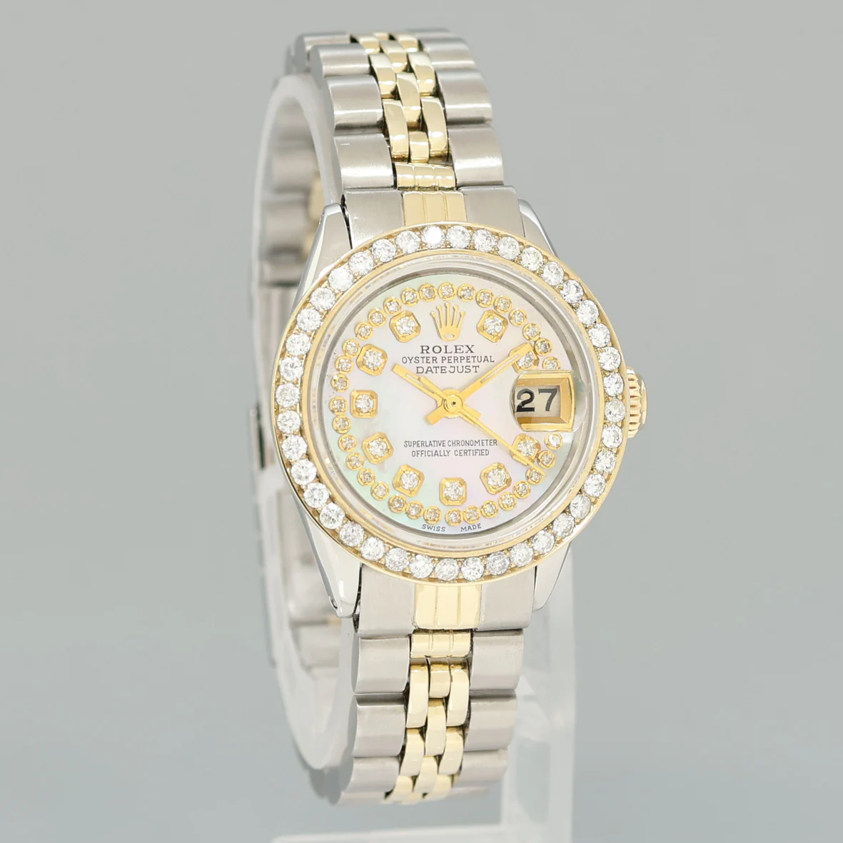 Ladies Rolex Date 26m 6519 Two Tone Yellow Gold MOP Diamond Jubilee Steel Watch Box - Image 3