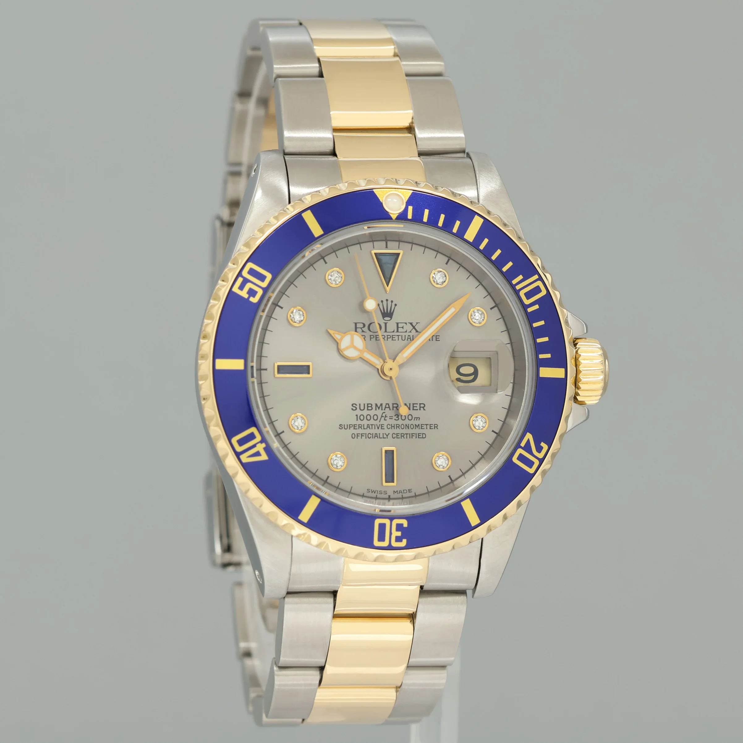 MINT Rolex Submariner 16613 Two Tone Yellow Gold Blue Serti Diamond 40mm Watch Box - Image 3