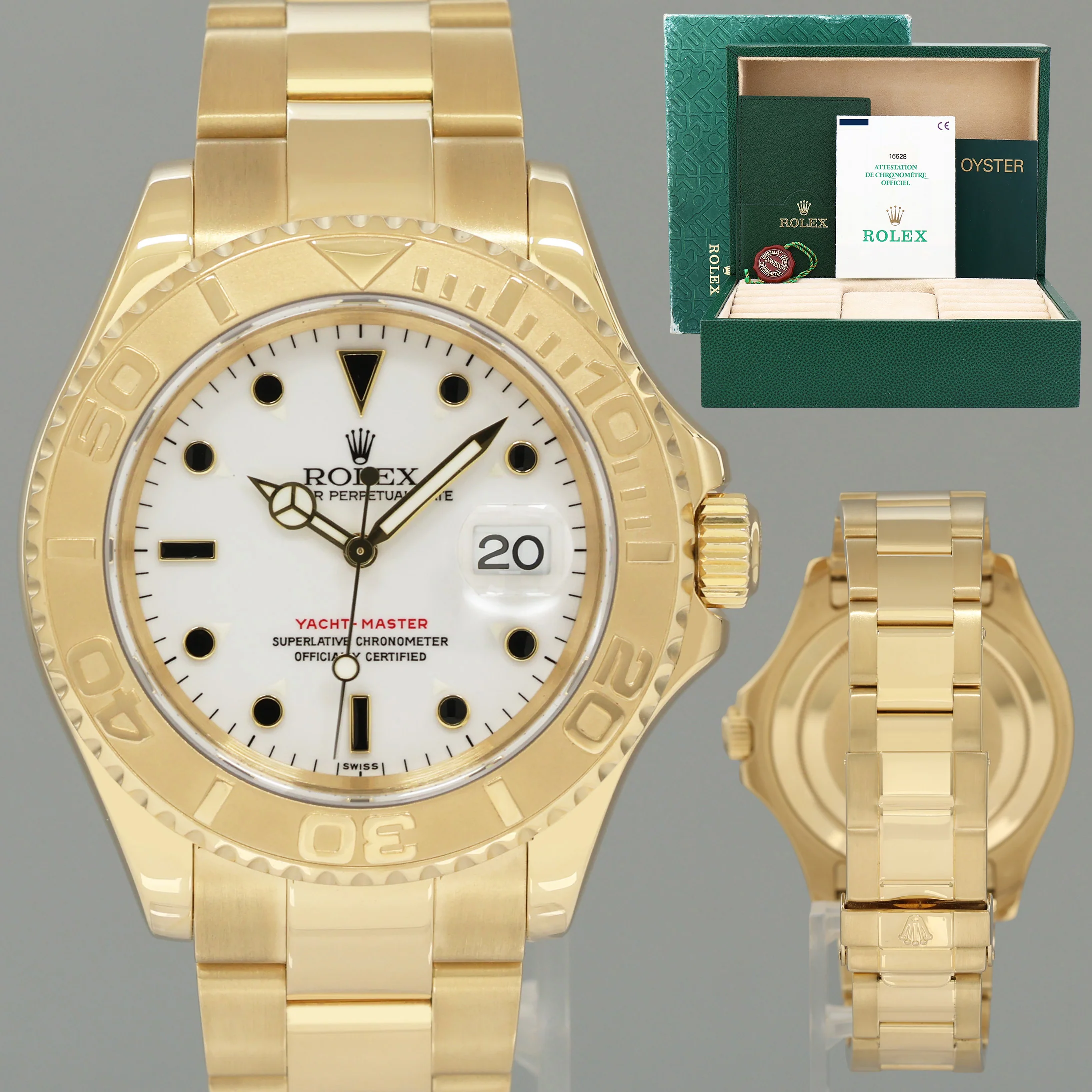 PAPERS MINT Rolex 40mm Yacht-Master 18k Yellow Gold 16628 White Sapphire Watch Box