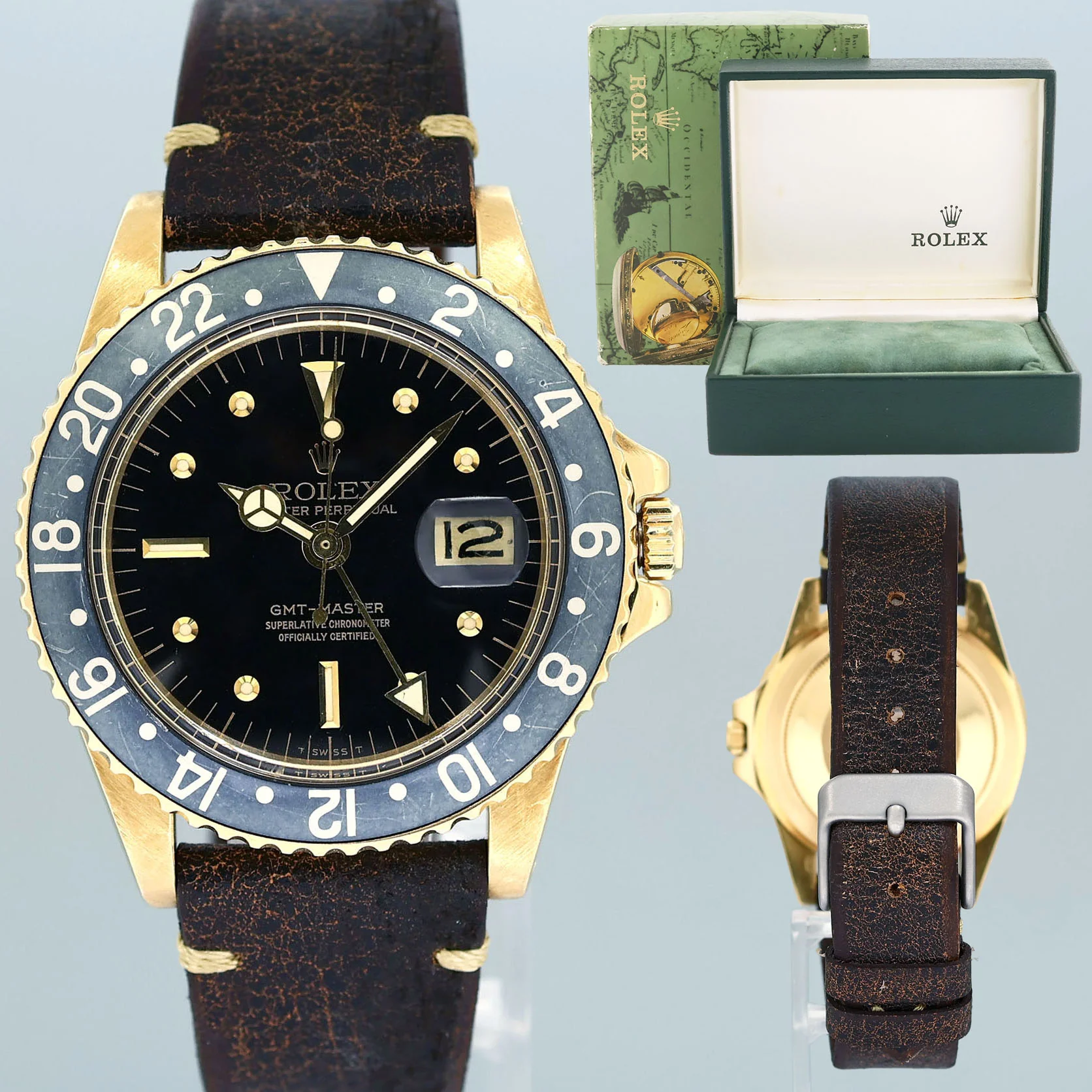Rolex GMT-Master 1675 Yellow Gold GMT Black Nipple Dial Leather Watch