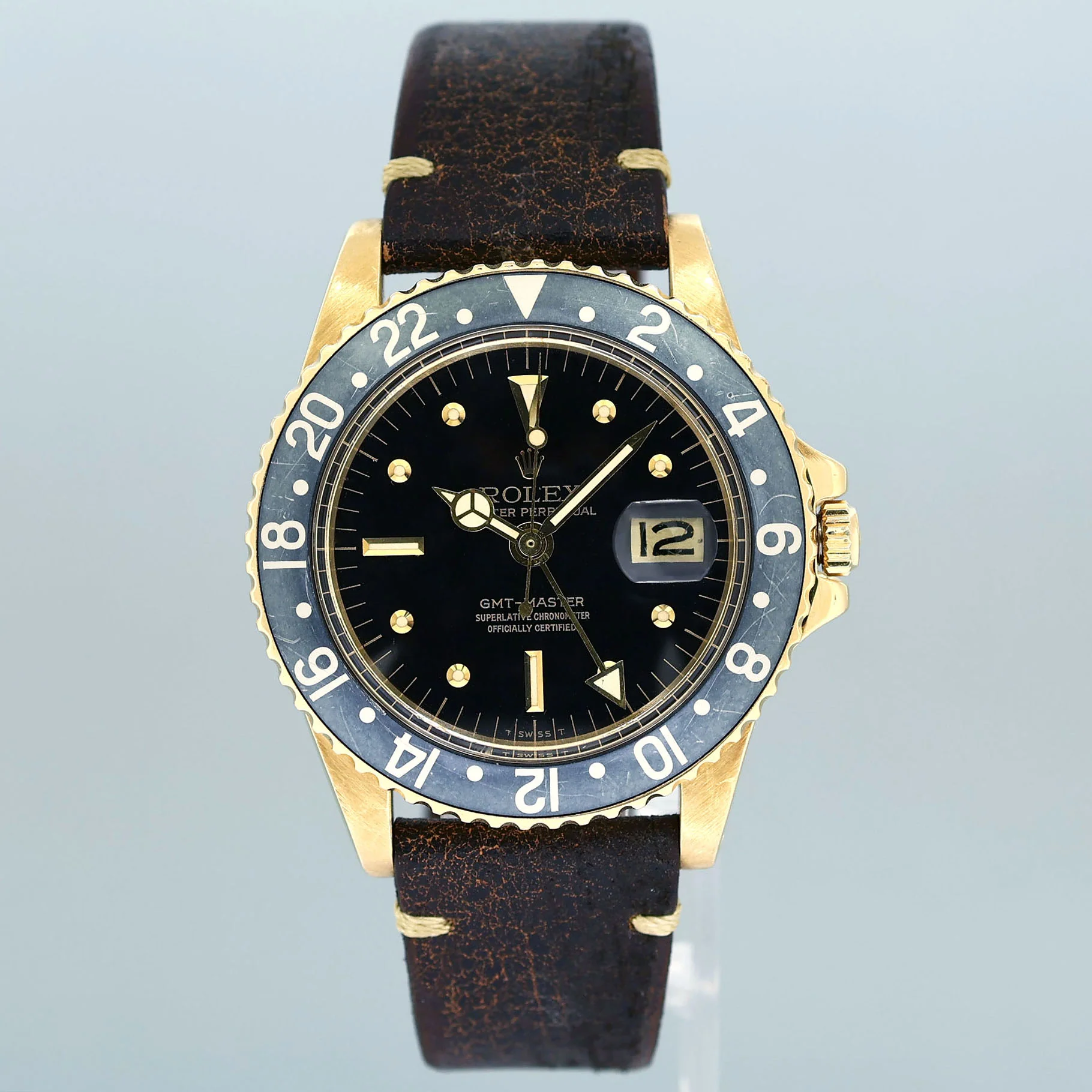 Rolex GMT-Master 1675 Yellow Gold GMT Black Nipple Dial Leather Watch - Image 2