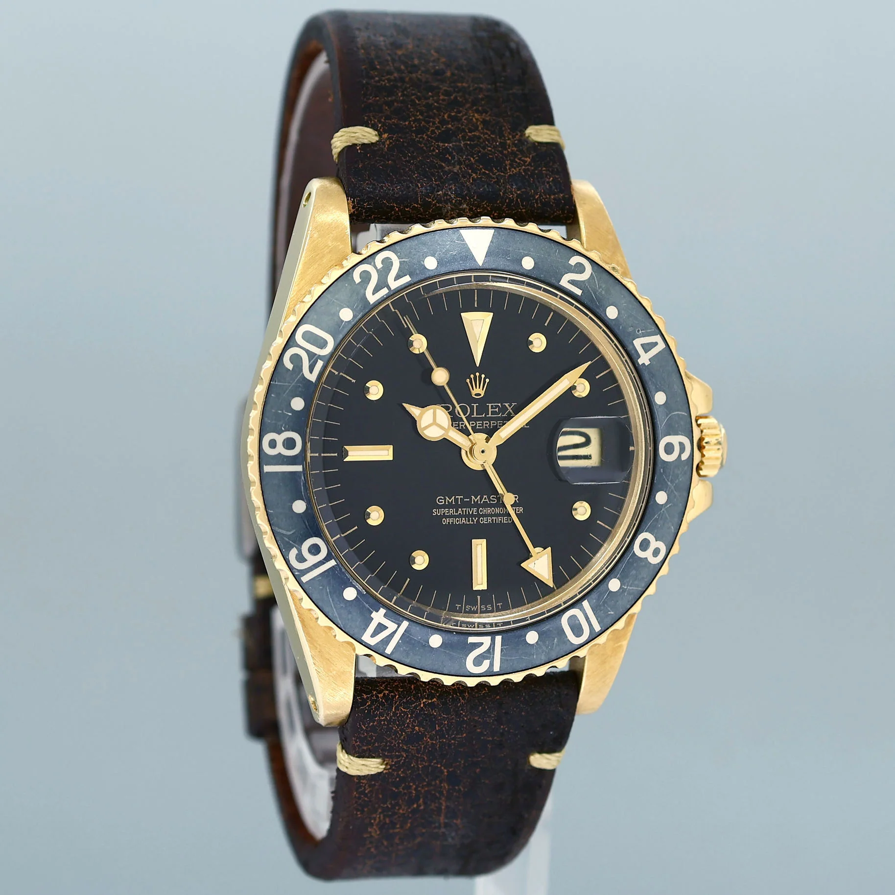 Rolex GMT-Master 1675 Yellow Gold GMT Black Nipple Dial Leather Watch - Image 3